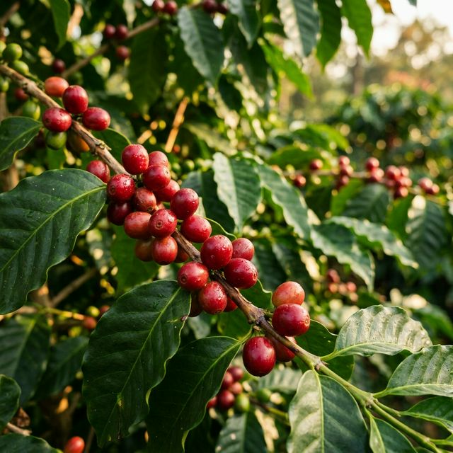 Ripe red coffee cherries on the branch